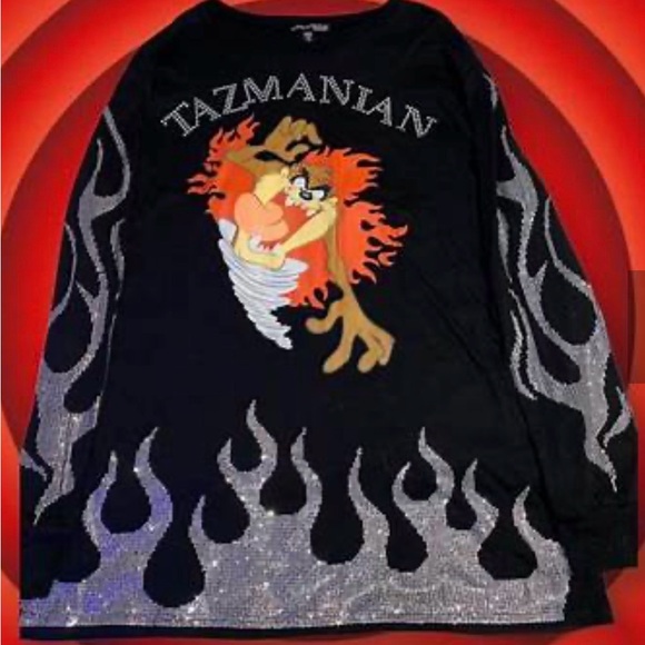 LOONEY TUNES -Dolls Kill -Tasmanian Devil Rhinestone Graphic Tee NEW - Picture 2 of 9